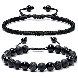 2Pcs Men'S Beaded Bracelet - 8Mm Black Obsidian & Lava Stone Beads -Natural Onyx